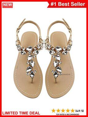 Women's Rhinestone Flat Sandals T-Strap Faux Leather Ankle Tie Beach Wedding